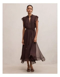 Maxwell Flutter Sleeves Midi Dress in Brown