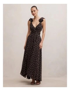 Selena Ruffle Shoulder Maxi Dress in Brown