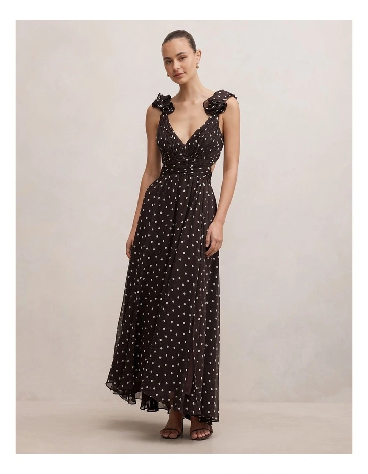 Selena Ruffle Shoulder Maxi Dress in Brown image 1