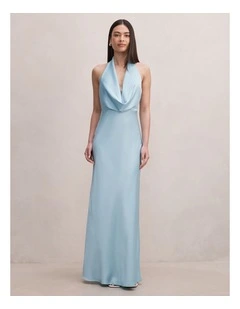 Becca Cowl Halter Neck Satin Gown in Blue
