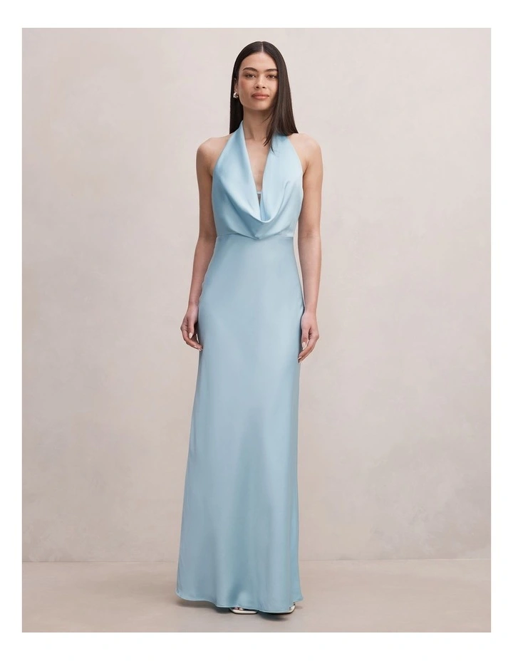 Becca Cowl Halter Neck Satin Gown in Blue image 1