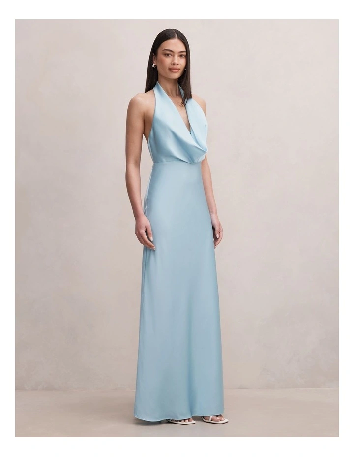 Becca Cowl Halter Neck Satin Gown in Blue image 3