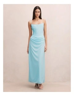 Maeve Corset Mesh Maxi Dress in Blue