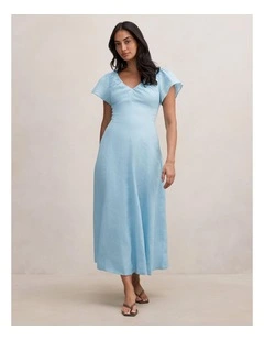 Rue Puff Sleeves Gathered Midi Dress in Blue
