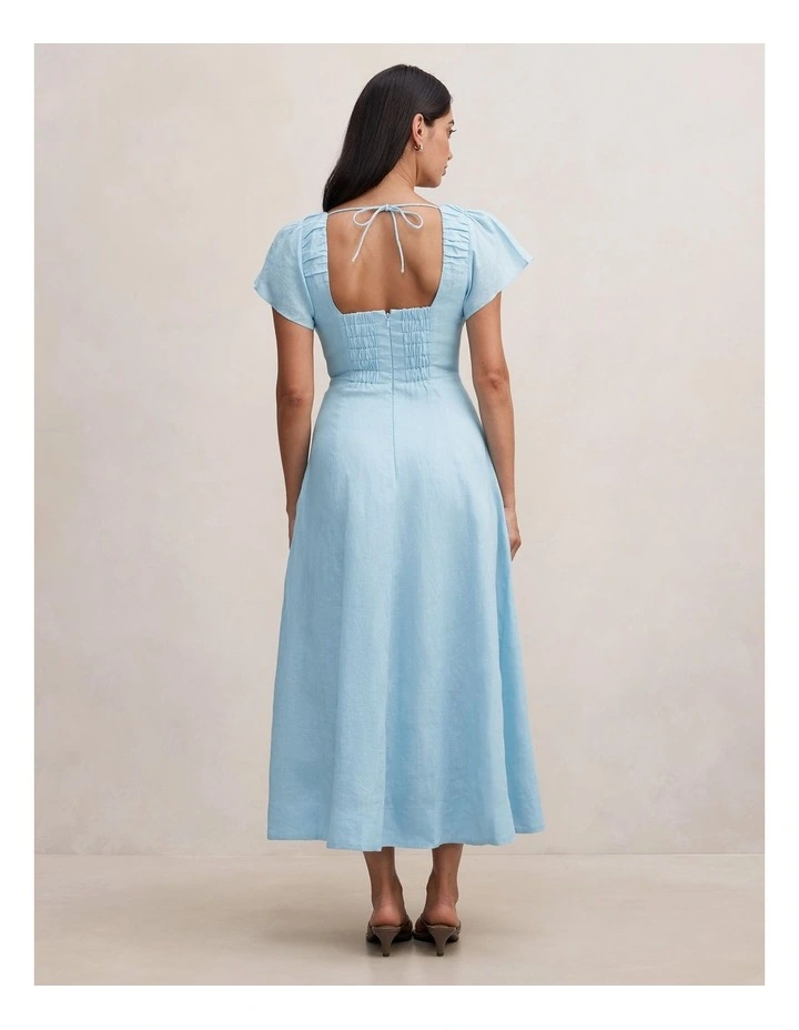 Rue Puff Sleeves Gathered Midi Dress in Blue image 2