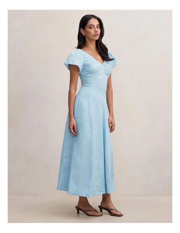 Rue Puff Sleeves Gathered Midi Dress in Blue image 3
