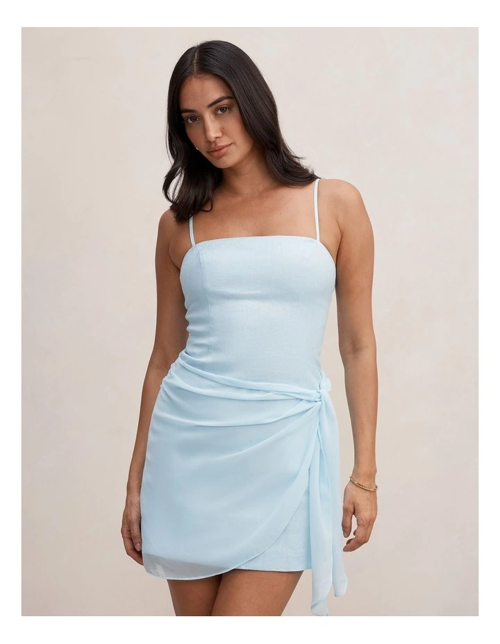 Sienna Linen Sarong Mini Dress in Blue image 1