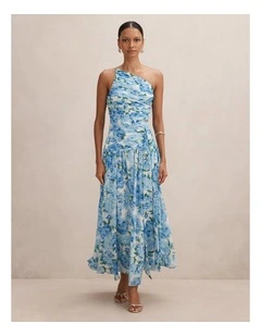 Connie Ruched Asymmetrical Maxi Dress in Blue