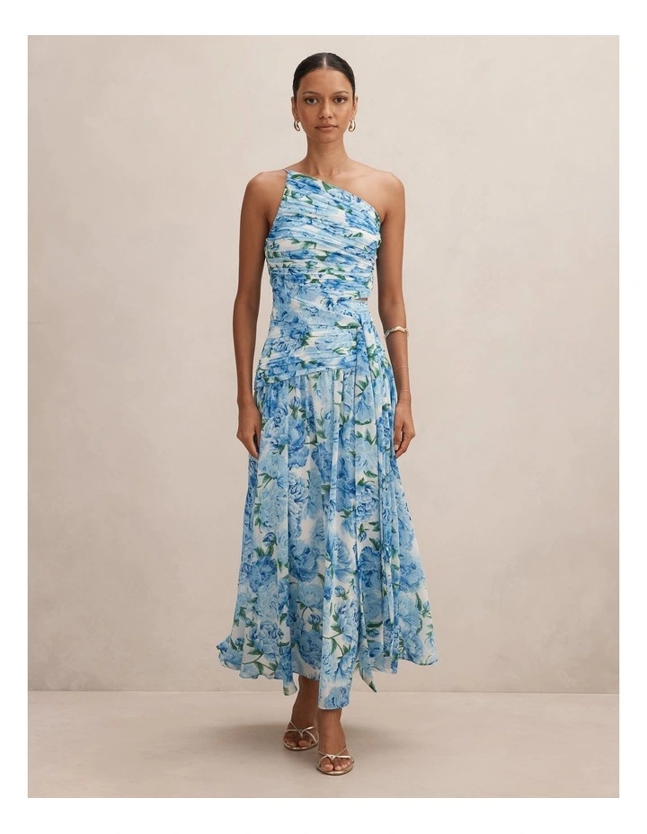 Connie Ruched Asymmetrical Maxi Dress in Blue image 1