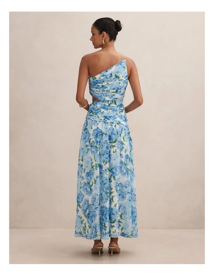 Connie Ruched Asymmetrical Maxi Dress in Blue image 2