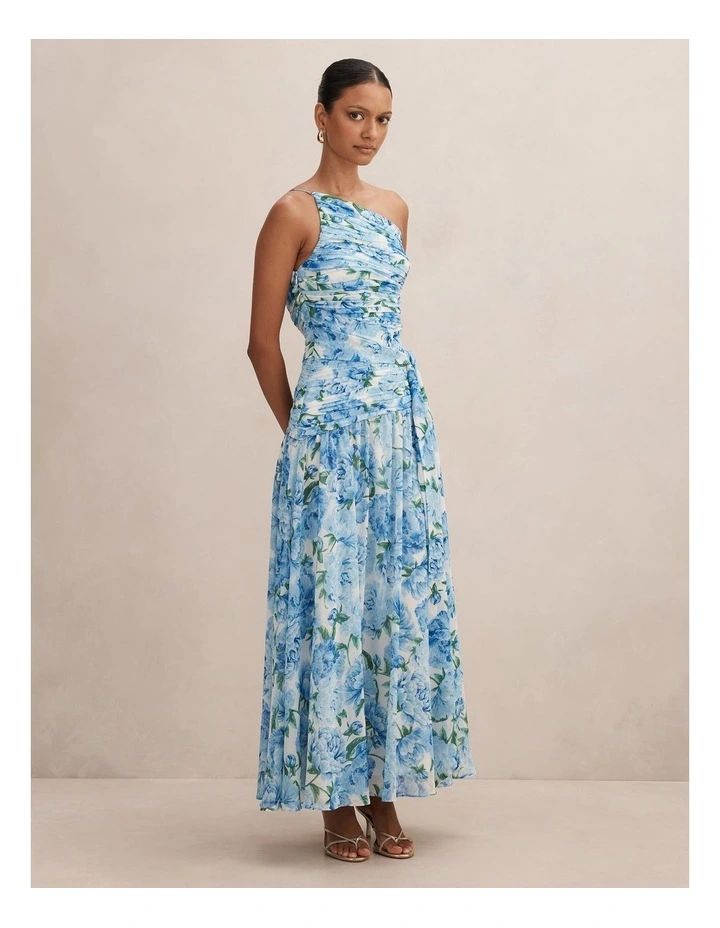 Connie Ruched Asymmetrical Maxi Dress in Blue image 3