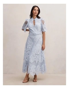 Liberty Flutter Sleeves Lace Midi Dress in Blue