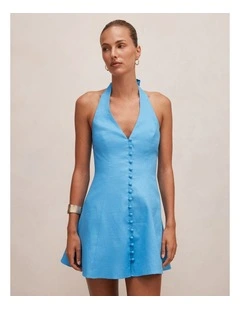 Ina Button Front Halter Neck Linen Mini Dress in Blue