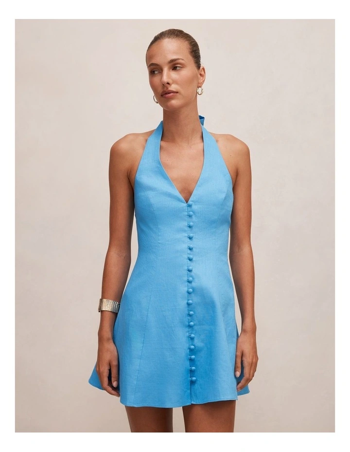 Ina Button Front Halter Neck Linen Mini Dress in Blue image 1