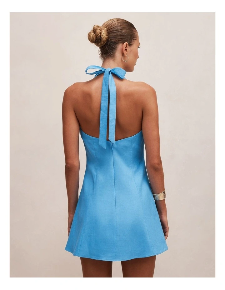 Ina Button Front Halter Neck Linen Mini Dress in Blue image 2