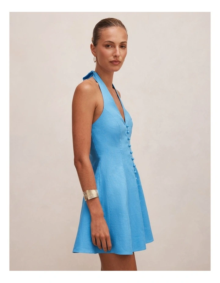 Ina Button Front Halter Neck Linen Mini Dress in Blue image 3
