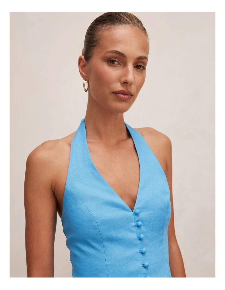 Ina Button Front Halter Neck Linen Mini Dress in Blue image 4