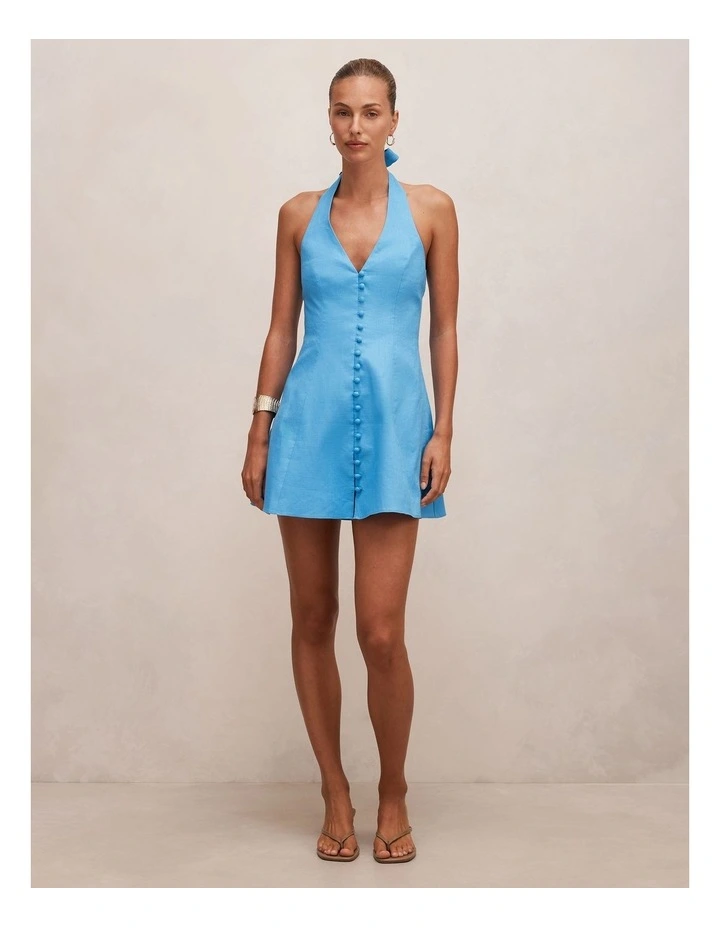 Ina Button Front Halter Neck Linen Mini Dress in Blue image 5
