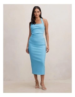 Georgie Halter Neck Ruched Bodycon Dress in Blue