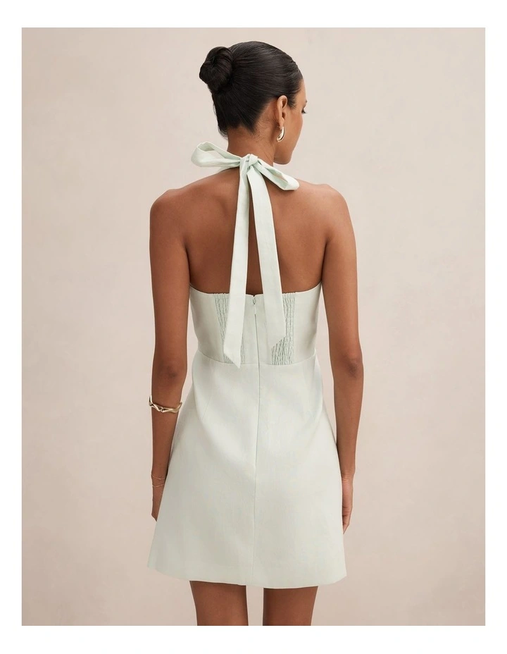 Jade Halter Neck Tie Mini Dress in Green image 2