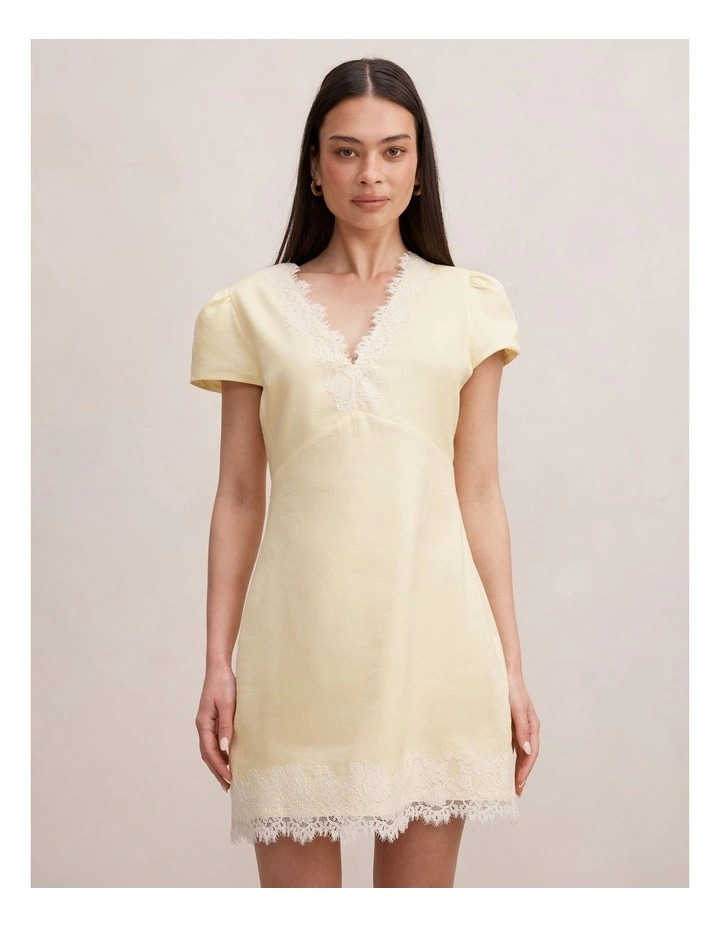 Lexi Lace Trim Linen Mini Dress in Yellow image 1