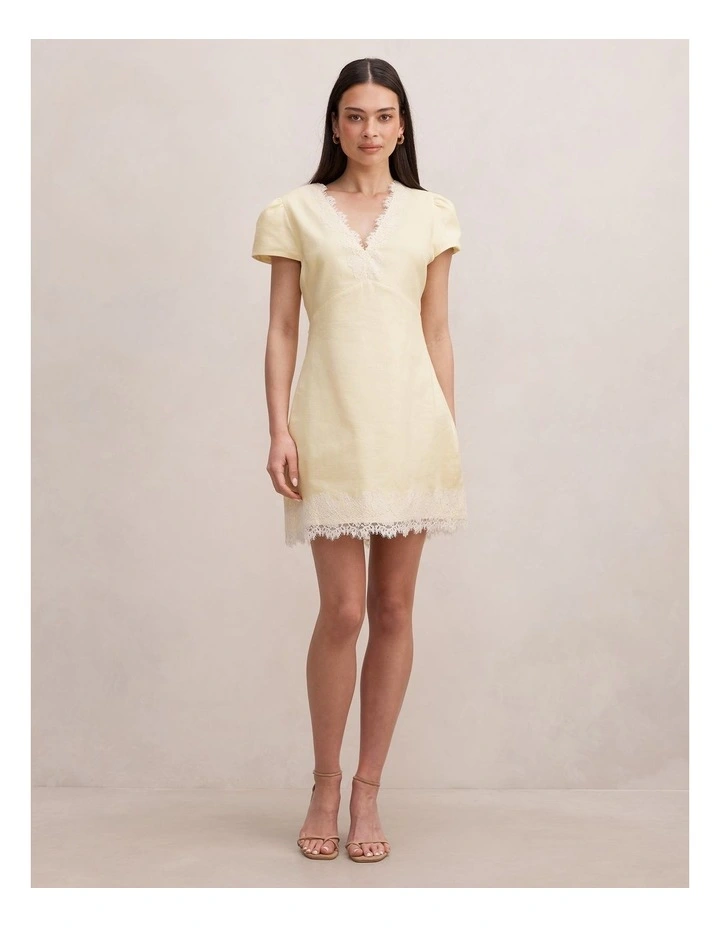Lexi Lace Trim Linen Mini Dress in Yellow image 5