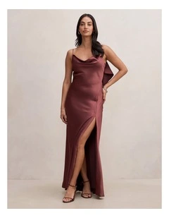 Allora Ruffle Back Satin Maxi Dress in Purple