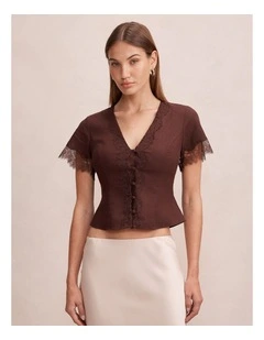 Ingrid Lace Trim Blouse in Brown