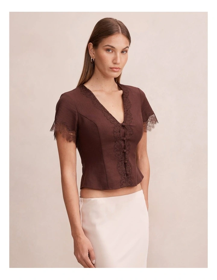 Ingrid Lace Trim Blouse in Brown image 3