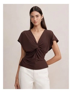 Thea Twist Batwing Top in Brown