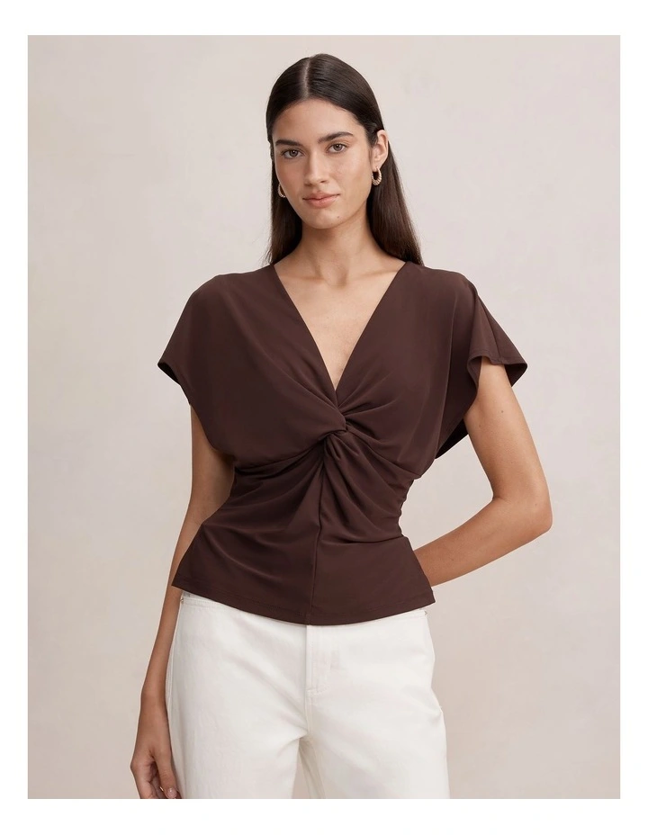 Thea Twist Batwing Top in Brown image 1