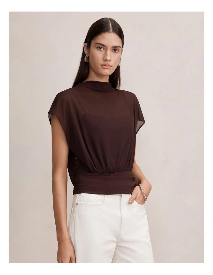 Mattie Mesh Overlay Top in Brown image 3