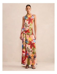 Abby Printed Halter Neck Mesh Maxi Dress in Multi