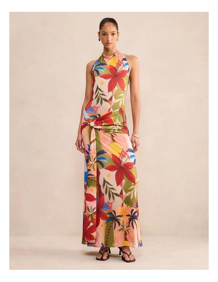 Abby Printed Halter Neck Mesh Maxi Dress in Multi image 1