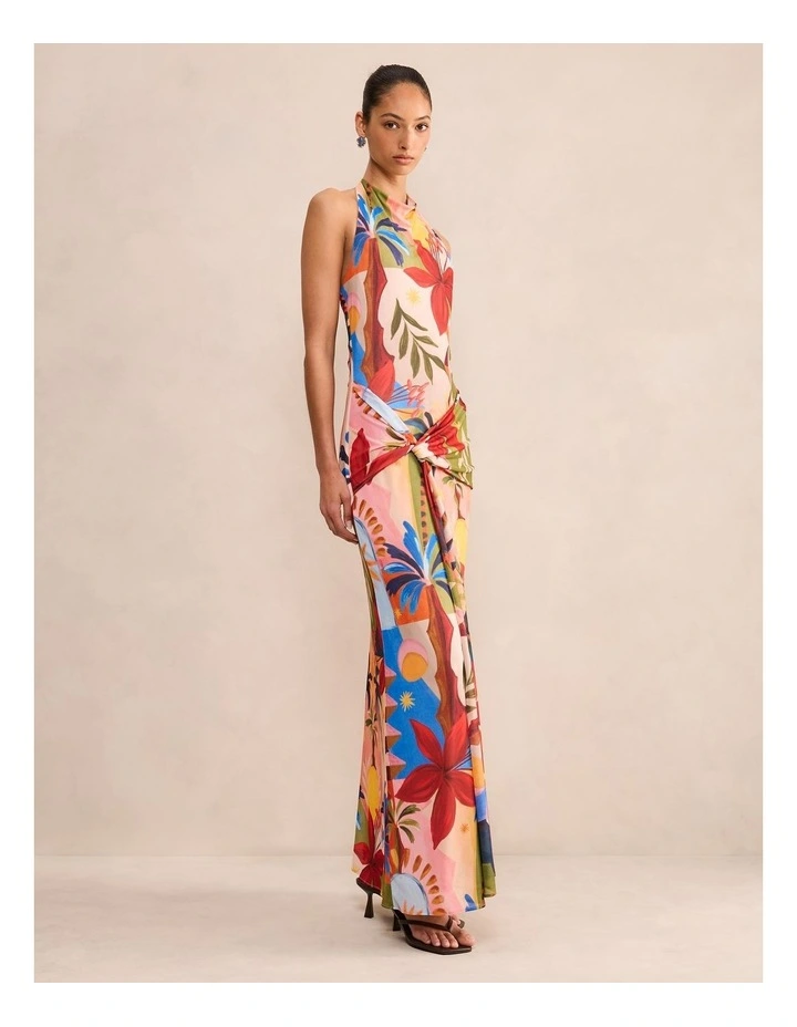 Abby Printed Halter Neck Mesh Maxi Dress in Multi image 3