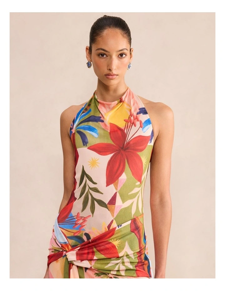 Abby Printed Halter Neck Mesh Maxi Dress in Multi image 4