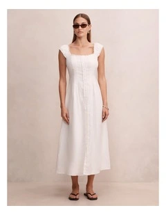 Adriana Pintuck Linen Midi Dress in White