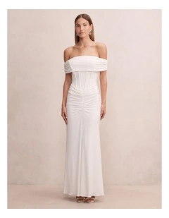Ania Ruched Bardot Maxi Dress in White