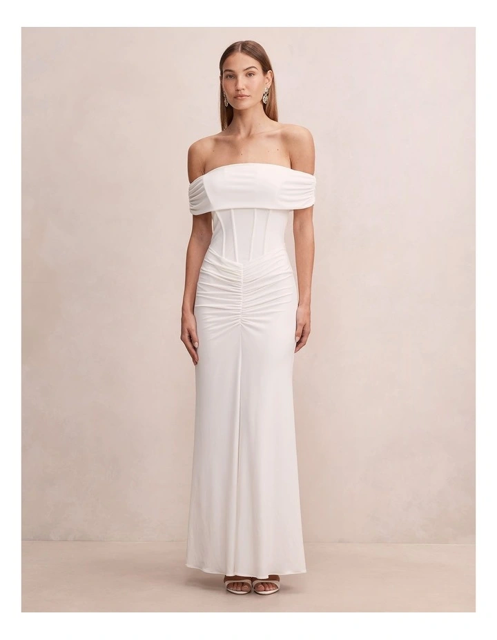 Ania Ruched Bardot Maxi Dress in White image 1