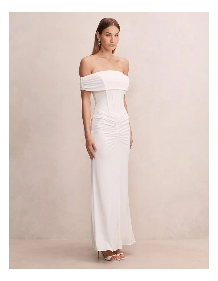 Ania Ruched Bardot Maxi Dress in White image 3