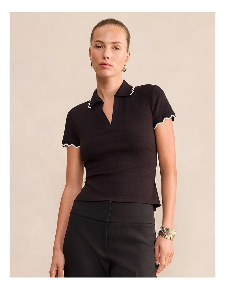 Sarah Scallop Trim Polo Top in Black image 1
