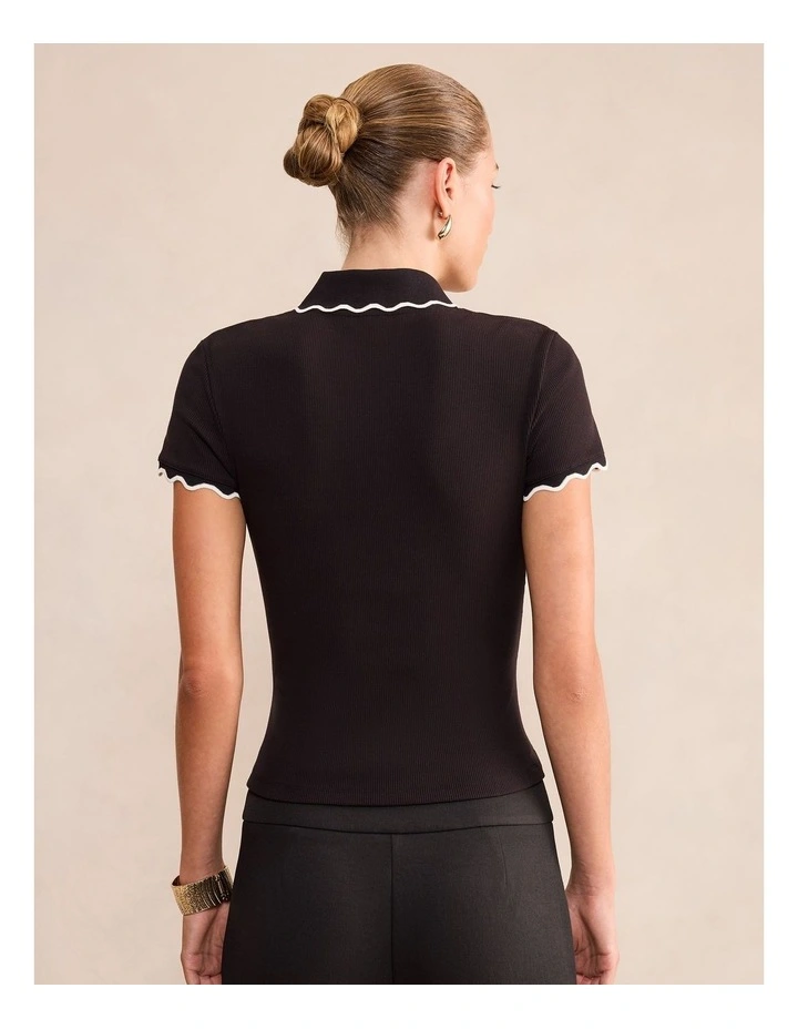Sarah Scallop Trim Polo Top in Black image 2