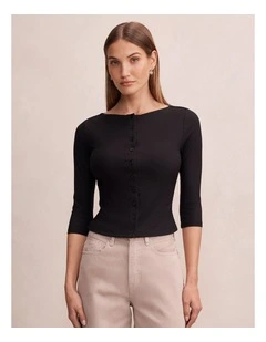Julia Rib 3/4 Sleeves Cardigan in Black