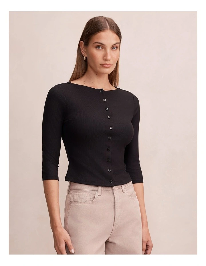 Julia Rib 3/4 Sleeves Cardigan in Black image 3