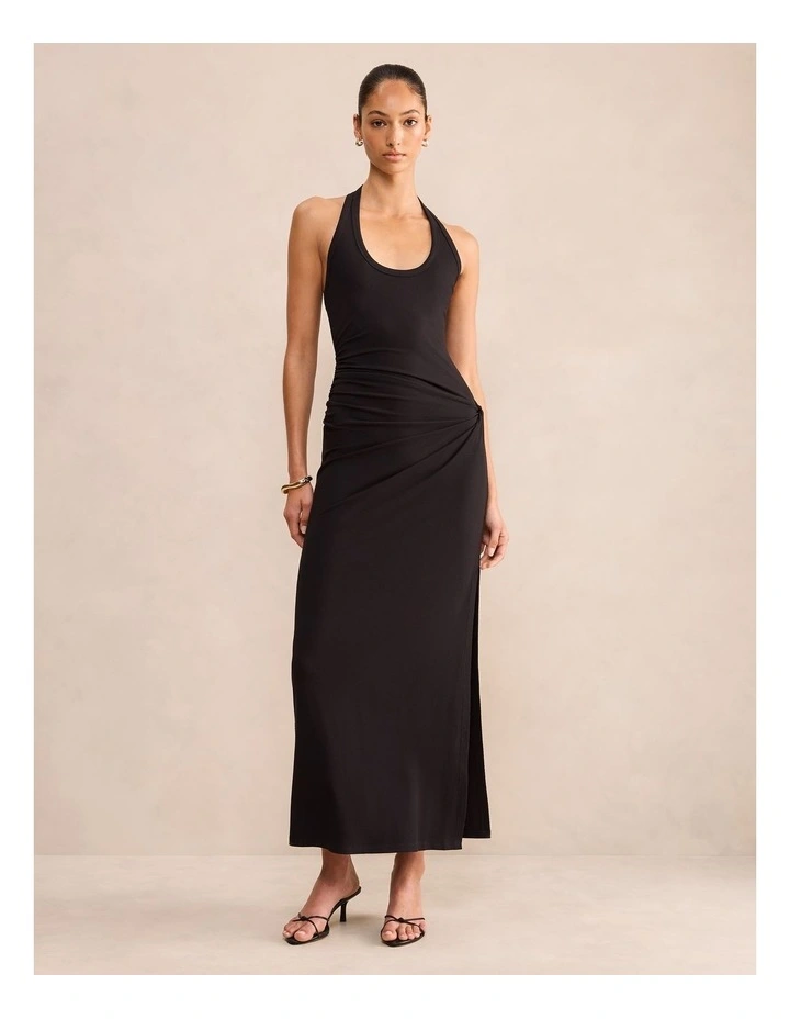 Noa Halter Draped Ribbed Midi Dress in Black image 1