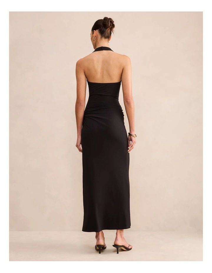 Noa Halter Draped Ribbed Midi Dress in Black image 2