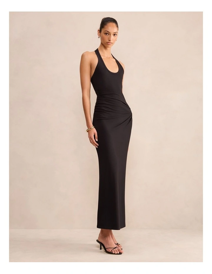 Noa Halter Draped Ribbed Midi Dress in Black image 4