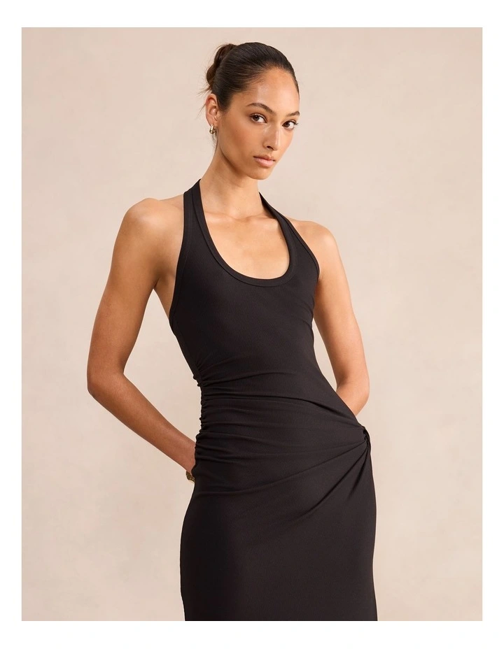 Noa Halter Draped Ribbed Midi Dress in Black image 5