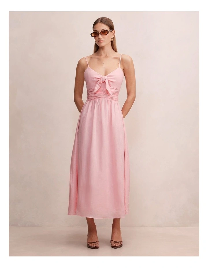 Isabella Tie Front Linen Midi Dress in Pink image 1