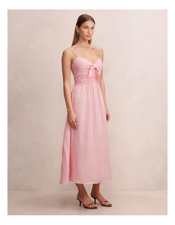 Isabella Tie Front Linen Midi Dress in Pink image 3